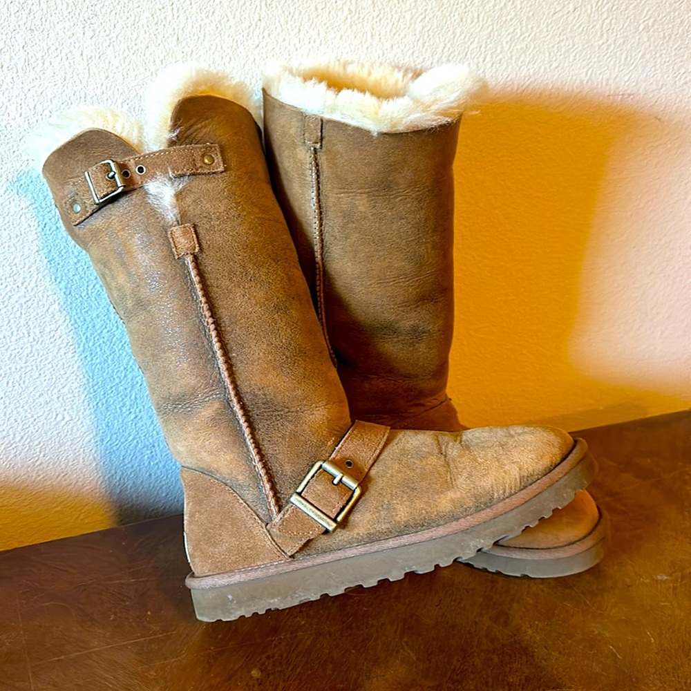 UGG Chestnut Suede Shearling-Lined Mid-Calf Buckle Boots